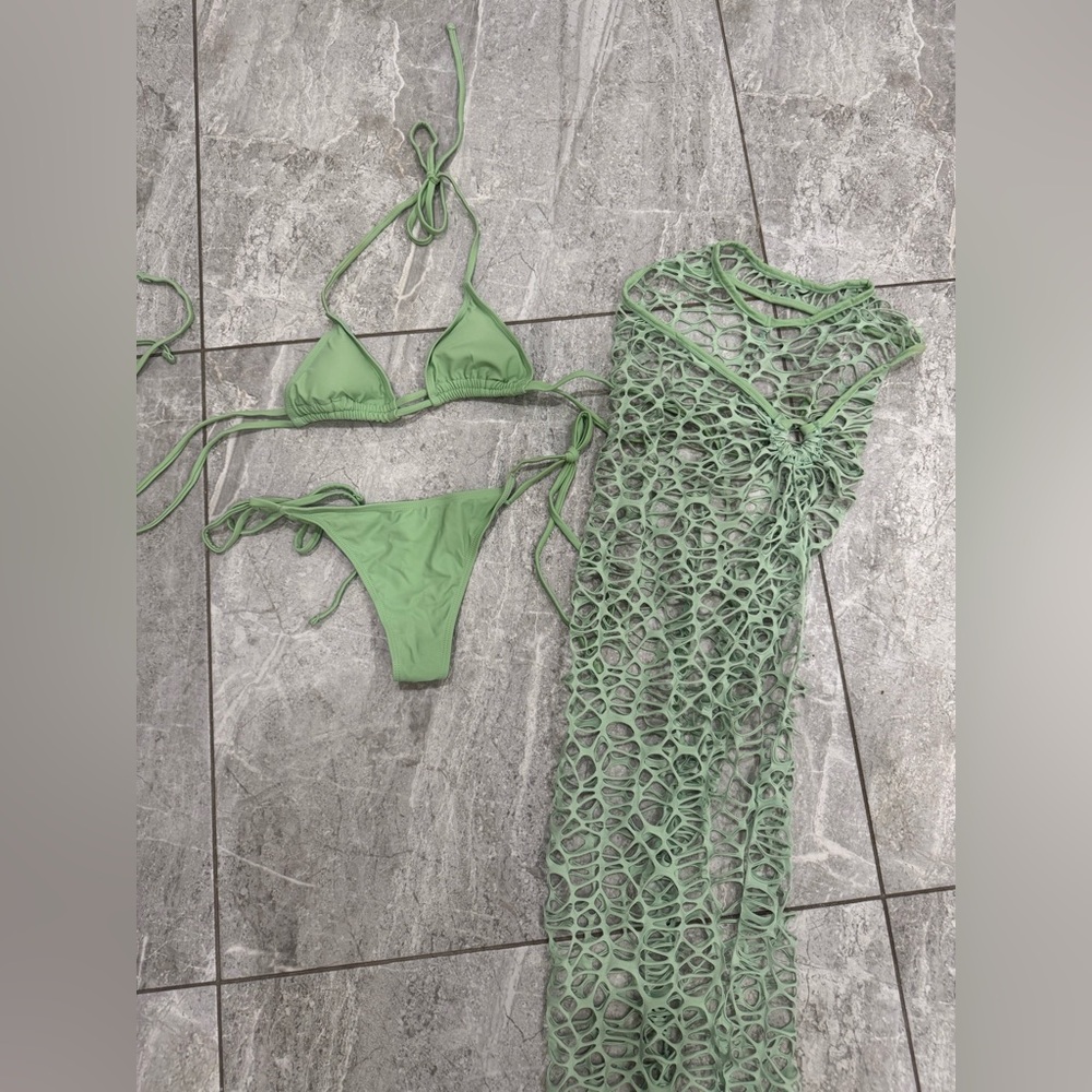 Fashion Nova Mint Green Crochet Cover Swim Set - Picture 4 of 6